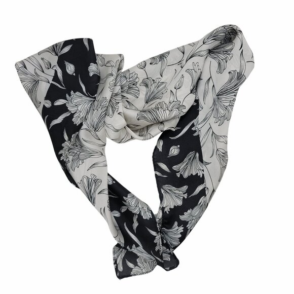✨Elegant Bandana Square Scarf Silky Satin Soft BLACK WHITE Floral Garden hijab - Picture 3 of 7